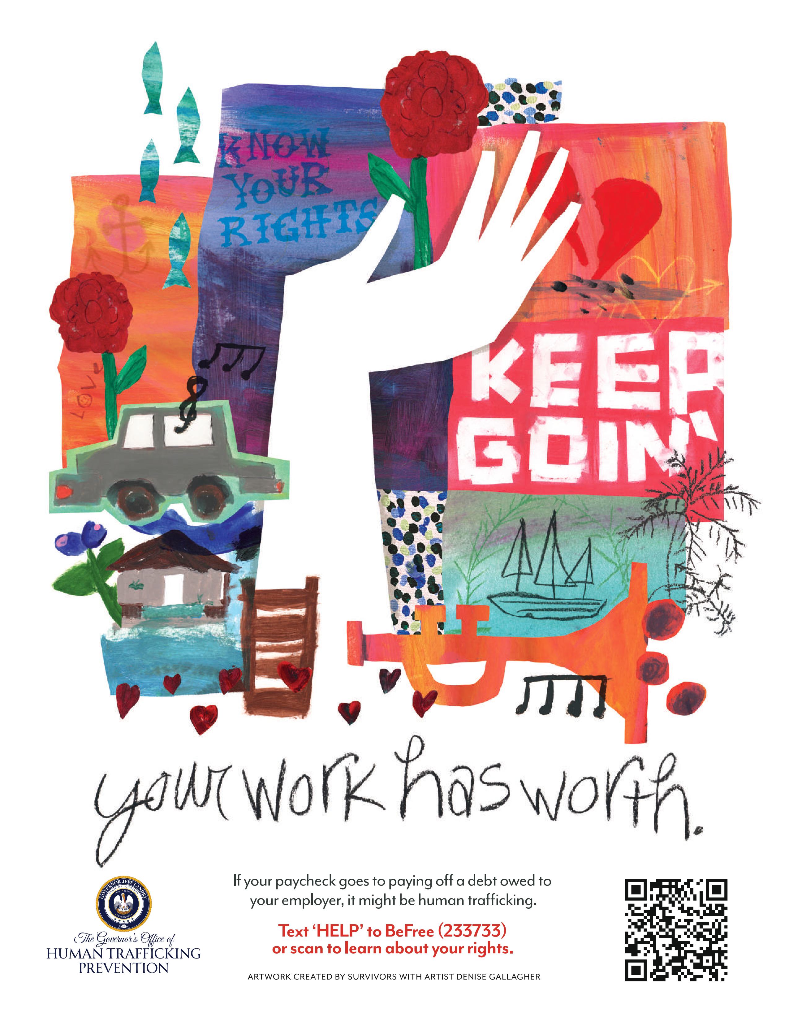 Collage of imagery including an uplifted hand, car, trumpet, fish, flowers, and the words 