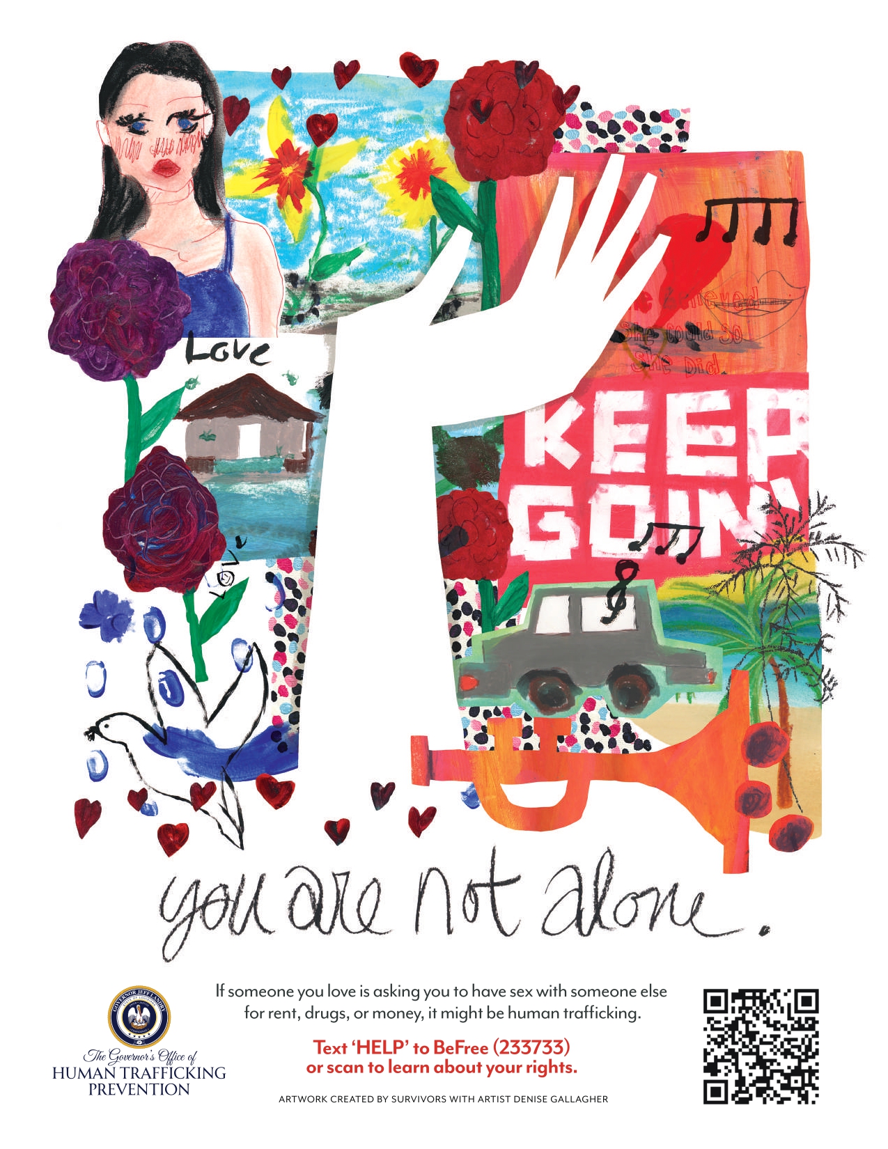 Collage of imagery including an uplifted hand, car, trumpet, fish, flowers, and the words 