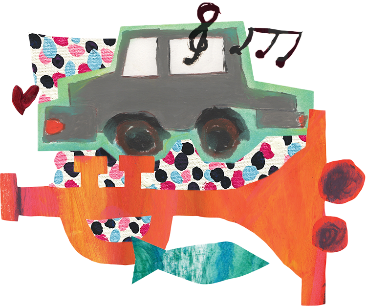 Collage of car, trumpet, fish, music notes, heart, and dots
